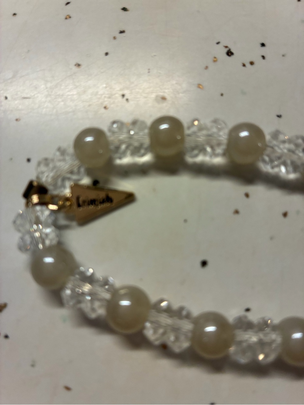 Erimish Cream Bead and Clear Crystal Bracelet with Gold Tag